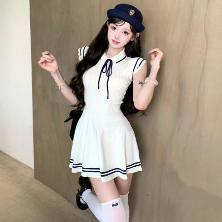 BY13790# 韩系学院风小飞袖针织连衣裙子女新款夏温柔甜美气质收腰短裙  服裝批發女裝批發服飾貨源