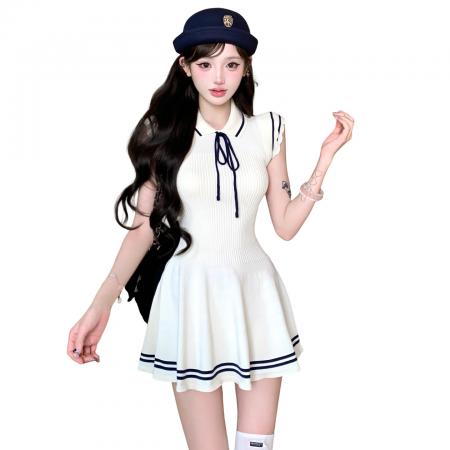 BY13790# 韩系学院风小飞袖针织连衣裙子女新款夏温柔甜美气质收腰短裙  服裝批發女裝批發服飾貨源