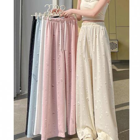 BY13791# 韩系高腰抽绳破洞阔腿裤女夏季新款时髦洋气宽松夏装直筒长裤  服裝批發女裝批發服飾貨源