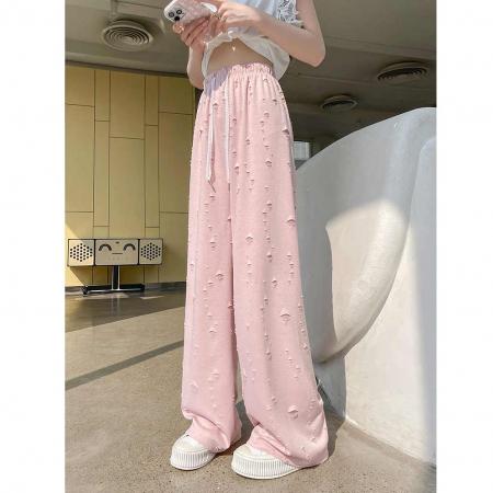 BY13791# 韩系高腰抽绳破洞阔腿裤女夏季新款时髦洋气宽松夏装直筒长裤  服裝批發女裝批發服飾貨源