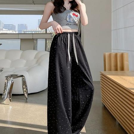 BY13791# 韩系高腰抽绳破洞阔腿裤女夏季新款时髦洋气宽松夏装直筒长裤  服裝批發女裝批發服飾貨源