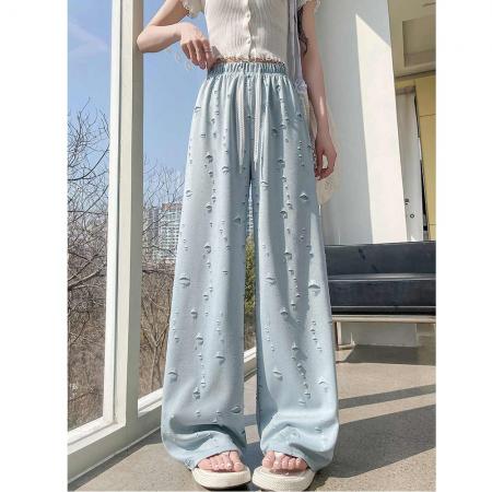 BY13791# 韩系高腰抽绳破洞阔腿裤女夏季新款时髦洋气宽松夏装直筒长裤  服裝批發女裝批發服飾貨源