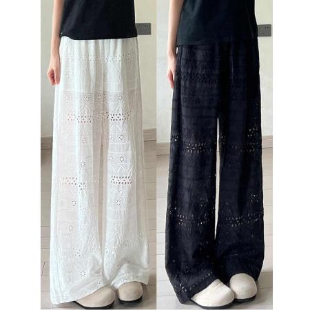 BY13792# 白色阔腿裤女夏季薄款新款时尚洋气薄款垂感镂空蕾丝直筒裤子  服裝批發女裝批發服飾貨源