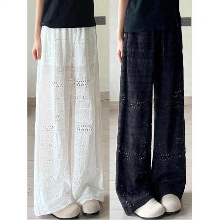 BY13792# 白色阔腿裤女夏季薄款新款时尚洋气薄款垂感镂空蕾丝直筒裤子  服裝批發女裝批發服飾貨源