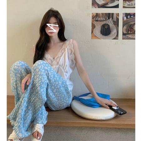 BY13794# 冰丝蓝色碎花阔腿裤女夏季薄款扎染睡裤休闲抖抖海岛多巴胺裤子  服裝批發女裝批發服飾貨源