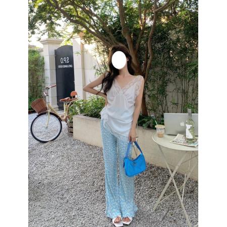 BY13794# 冰丝蓝色碎花阔腿裤女夏季薄款扎染睡裤休闲抖抖海岛多巴胺裤子  服裝批發女裝批發服飾貨源