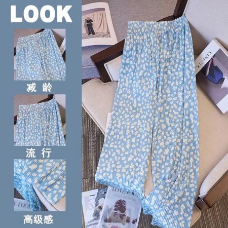 BY13794# 冰丝蓝色碎花阔腿裤女夏季薄款扎染睡裤休闲抖抖海岛多巴胺裤子  服裝批發女裝批發服飾貨源