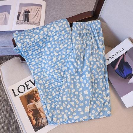 BY13794# 冰丝蓝色碎花阔腿裤女夏季薄款扎染睡裤休闲抖抖海岛多巴胺裤子  服裝批發女裝批發服飾貨源