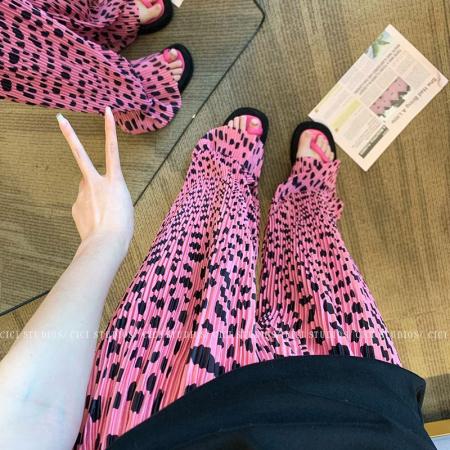 BY13795# 夏新款粉色豹纹性感时尚阔腿裤女百搭休闲裤高腰垂感拖地长裤  服裝批發女裝批發服飾貨源