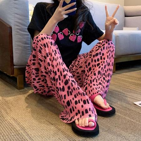BY13795# 夏新款粉色豹纹性感时尚阔腿裤女百搭休闲裤高腰垂感拖地长裤  服裝批發女裝批發服飾貨源