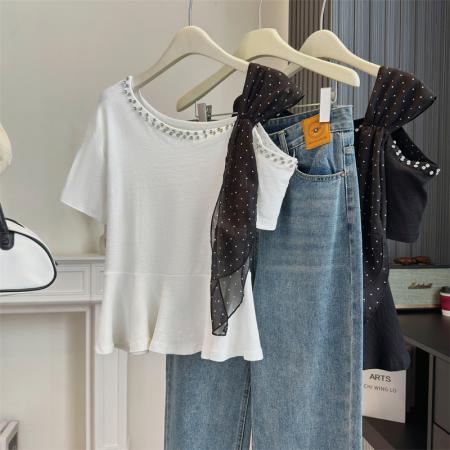 BY13800# 大码女装法式独特设计感斜肩重工钉钻波点飘带显瘦时尚上衣  服裝批發女裝批發服飾貨源