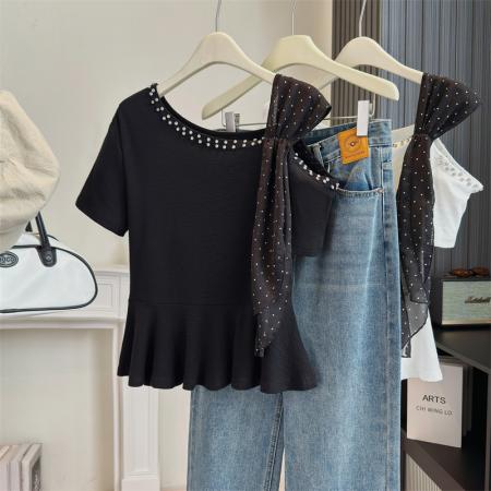 BY13800# 大码女装法式独特设计感斜肩重工钉钻波点飘带显瘦时尚上衣  服裝批發女裝批發服飾貨源