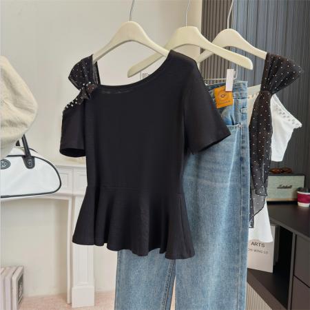 BY13800# 大码女装法式独特设计感斜肩重工钉钻波点飘带显瘦时尚上衣  服裝批發女裝批發服飾貨源