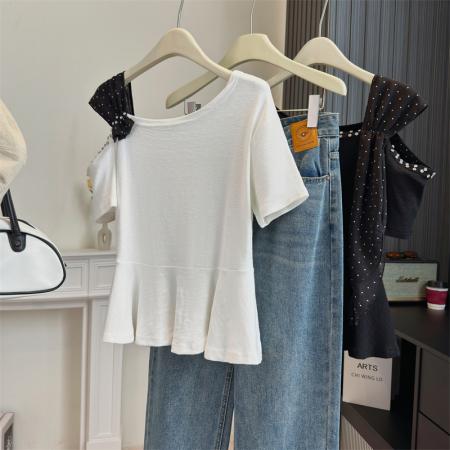 BY13800# 大码女装法式独特设计感斜肩重工钉钻波点飘带显瘦时尚上衣  服裝批發女裝批發服飾貨源