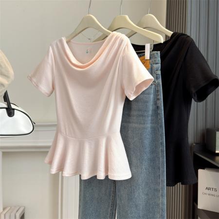 BY13801# 大码女装夏季新不规则荡领气质甜美显瘦百搭短袖上衣  服裝批發女裝批發服飾貨源