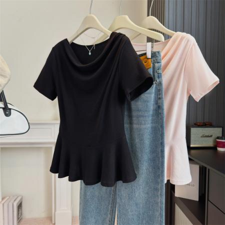 BY13801# 大码女装夏季新不规则荡领气质甜美显瘦百搭短袖上衣  服裝批發女裝批發服飾貨源