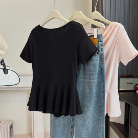 BY13801# 大码女装夏季新不规则荡领气质甜美显瘦百搭短袖上衣  服裝批發女裝批發服飾貨源