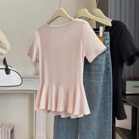 BY13801# 大码女装夏季新不规则荡领气质甜美显瘦百搭短袖上衣  服裝批發女裝批發服飾貨源