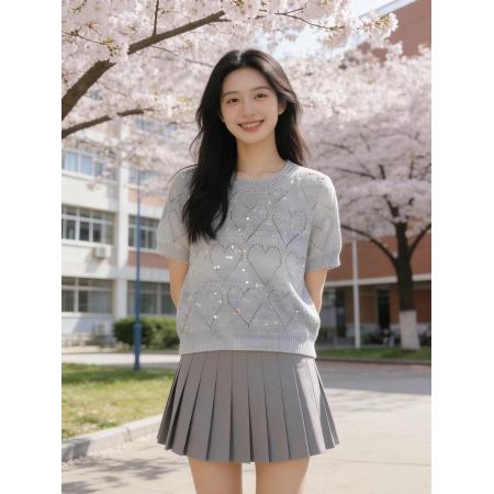 BY13803# 大码亮片镂空短袖针织衫女夏季休闲百搭冰丝圆领T恤上衣  服裝批發女裝批發服飾貨源