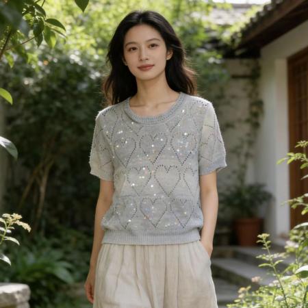 BY13803# 大码亮片镂空短袖针织衫女夏季休闲百搭冰丝圆领T恤上衣  服裝批發女裝批發服飾貨源