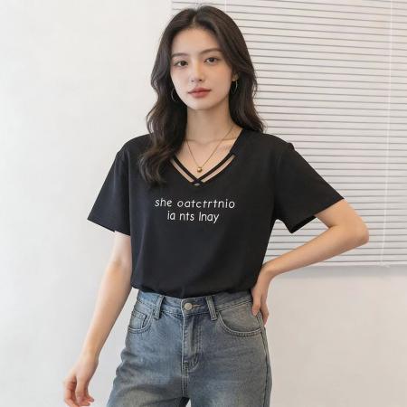 BY13804# 大码女装韩版流行V领短袖t恤胖妹妹休闲宽松设计感减龄上衣潮  服裝批發女裝批發服飾貨源