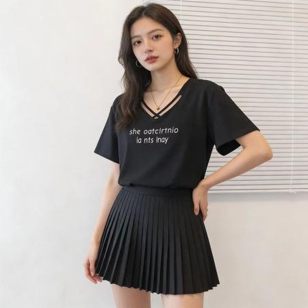 BY13804# 大码女装韩版流行V领短袖t恤胖妹妹休闲宽松设计感减龄上衣潮  服裝批發女裝批發服飾貨源