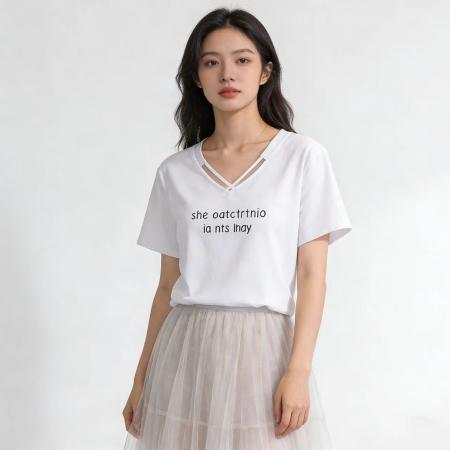 BY13804# 大码女装韩版流行V领短袖t恤胖妹妹休闲宽松设计感减龄上衣潮  服裝批發女裝批發服飾貨源