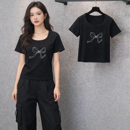 BY13807# 大码女装韩版简约蝴蝶结套头t恤女胖mm宽松百搭简约上衣夏季  服裝批發女裝批發服飾貨源