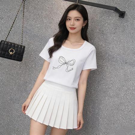 BY13807# 大码女装韩版简约蝴蝶结套头t恤女胖mm宽松百搭简约上衣夏季  服裝批發女裝批發服飾貨源