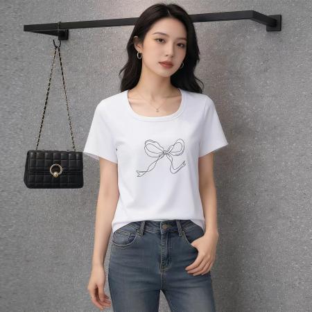 BY13807# 大码女装韩版简约蝴蝶结套头t恤女胖mm宽松百搭简约上衣夏季  服裝批發女裝批發服飾貨源