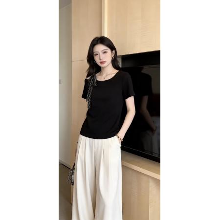 BY13809# 夏季新款法式大码女装设计感小众时尚气质上衣漂亮黑色短袖  服裝批發女裝批發服飾貨源