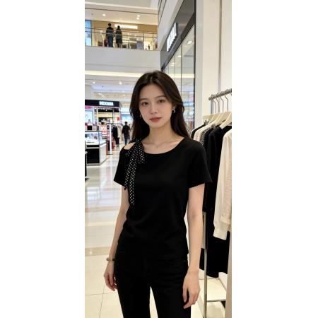 BY13809# 夏季新款法式大码女装设计感小众时尚气质上衣漂亮黑色短袖  服裝批發女裝批發服飾貨源