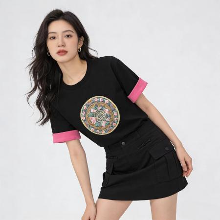 BY13810# 大码女装夏季新国风洋气减龄撞色短袖t恤女胖mm宽松上衣时尚  服裝批發女裝批發服飾貨源