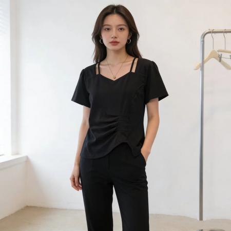 BY13811# 新款大码女装韩版流行V领短袖t恤夏胖妹妹遮肉显瘦洋气百搭上衣潮  服裝批發女裝批發服飾貨源