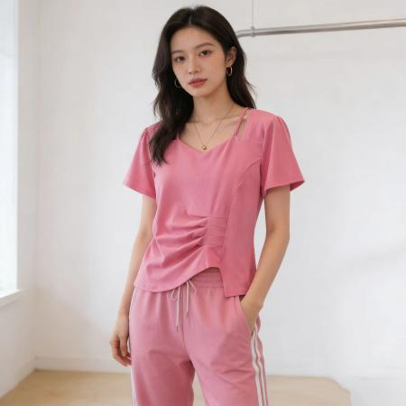 BY13811# 新款大码女装韩版流行V领短袖t恤夏胖妹妹遮肉显瘦洋气百搭上衣潮  服裝批發女裝批發服飾貨源