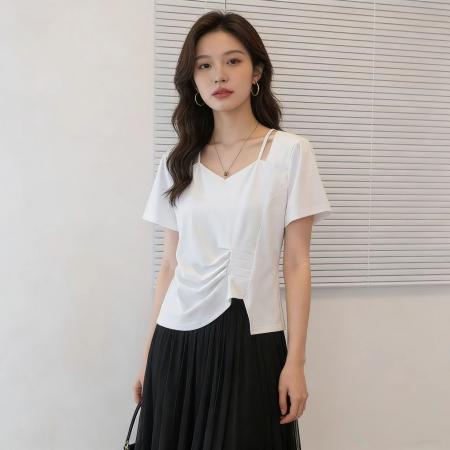 BY13811# 新款大码女装韩版流行V领短袖t恤夏胖妹妹遮肉显瘦洋气百搭上衣潮  服裝批發女裝批發服飾貨源