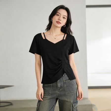 BY13811# 新款大码女装韩版流行V领短袖t恤夏胖妹妹遮肉显瘦洋气百搭上衣潮  服裝批發女裝批發服飾貨源