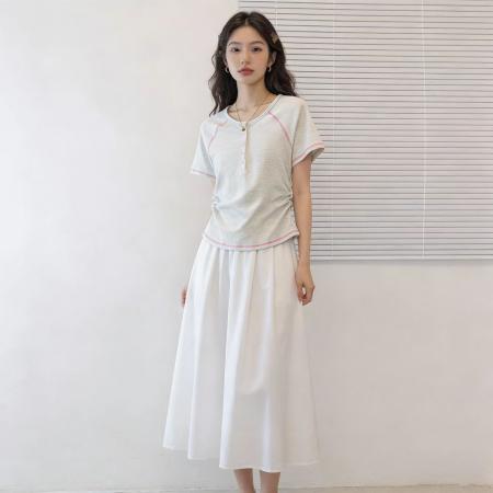 BY13813# 时尚大码女装夏季新款流行褶皱显瘦胖妹妹短袖t恤百搭通勤潮  服裝批發女裝批發服飾貨源