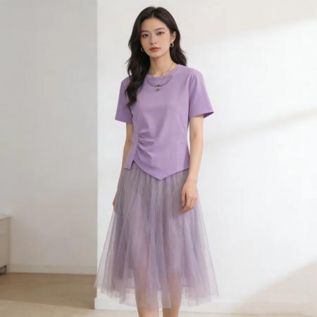 BY13814# 新款大码女装韩版流行紫色短袖t恤夏胖妹妹洋气宽松减龄圆领上衣  服裝批發女裝批發服飾貨源