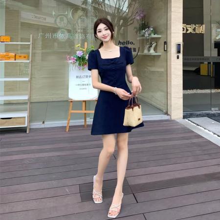 BY13815# 大码女装气质百搭显瘦连衣裙胖MM收腰显瘦法式方领蝴蝶结裙子  服裝批發女裝批發服飾貨源