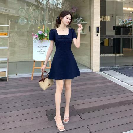 BY13815# 大码女装气质百搭显瘦连衣裙胖MM收腰显瘦法式方领蝴蝶结裙子  服裝批發女裝批發服飾貨源