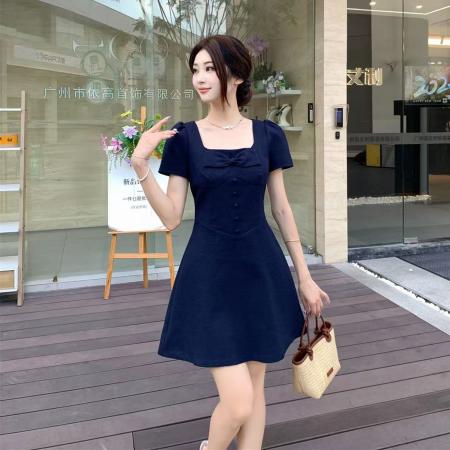 BY13815# 大码女装气质百搭显瘦连衣裙胖MM收腰显瘦法式方领蝴蝶结裙子  服裝批發女裝批發服飾貨源