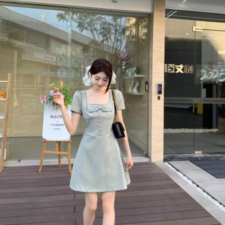 BY13815# 大码女装气质百搭显瘦连衣裙胖MM收腰显瘦法式方领蝴蝶结裙子  服裝批發女裝批發服飾貨源