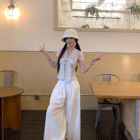 BY13821# 法式蝴蝶结蕾丝花边条纹衬衫女夏季新款高级感显瘦短袖上衣  服裝批發女裝批發服飾貨源