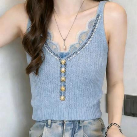 BY13824# 辣妹风蕾丝花边吊带背心女新款内搭外穿修身珍珠纽扣针织无袖上衣  服裝批發女裝批發服飾貨源