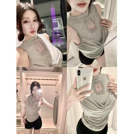 BY13825# 秋季辣妹风半高领拼接蕾丝网纱十字架背心固定带胸垫上衣女  服裝批發女裝批發服飾貨源