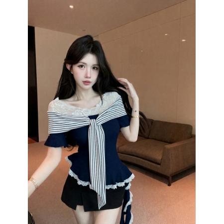 BY13826# 新款纯欲辣妹设计感一字肩蕾丝拼接绑带上衣短袖T恤女  服裝批發女裝批發服飾貨源