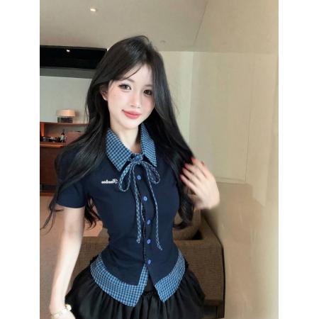 BY13827# 新款复古格子假两件polo领短袖拼接T恤上衣女  服裝批發女裝批發服飾貨源