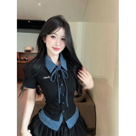 BY13827# 新款复古格子假两件polo领短袖拼接T恤上衣女  服裝批發女裝批發服飾貨源