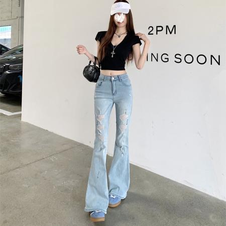 BY13828# 烫钻高腰微喇牛仔裤夏薄款新款破洞裤子修身显瘦喇叭裤  服裝批發女裝批發服飾貨源